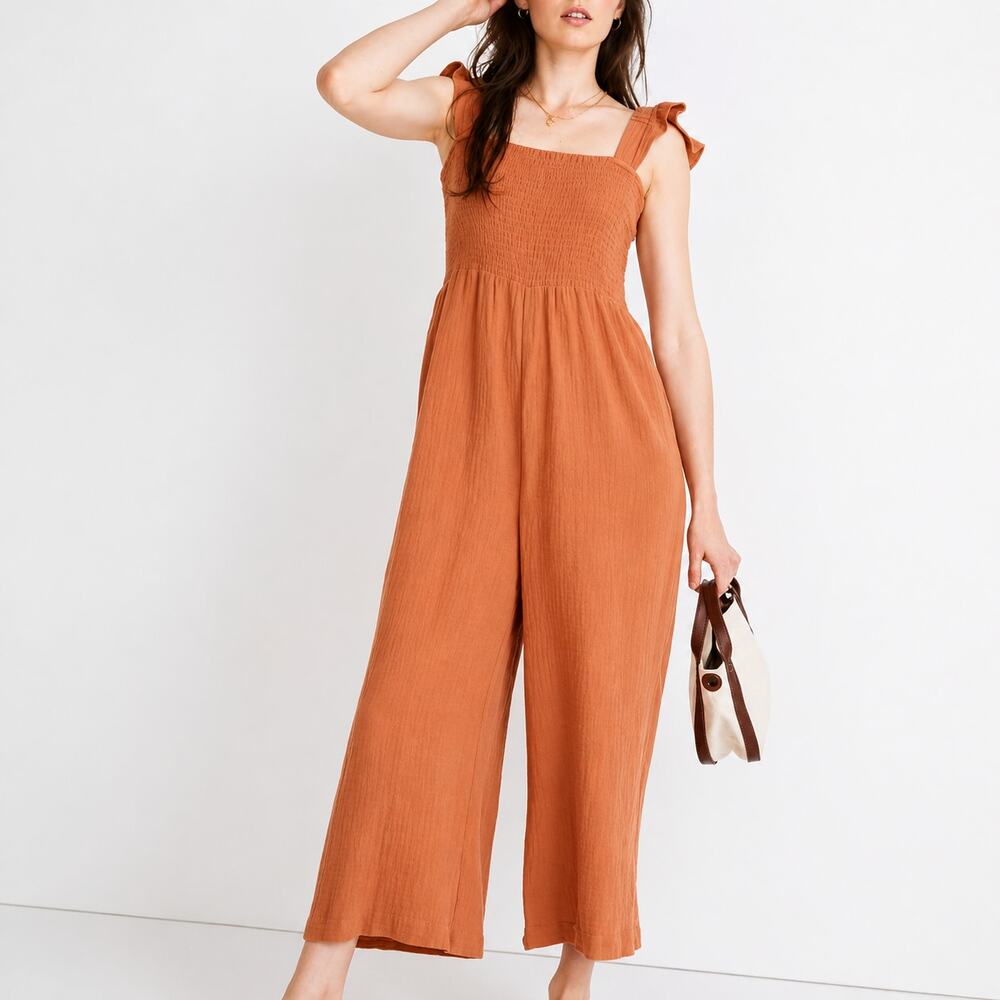 Madewell Lightspun Lucie Flutter Sleeve Smocked Jumpsuit mulled cider 4